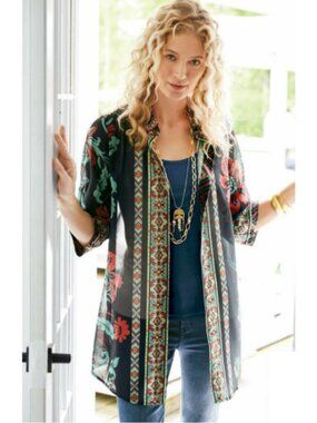 Soft Surroundings Sinine Semi Sheer Southwestern Top in Navy Blue Small